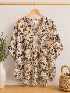 Maurices 2X Boho Floral Blouse Neutral Zip Front Plus Size Flowy Top